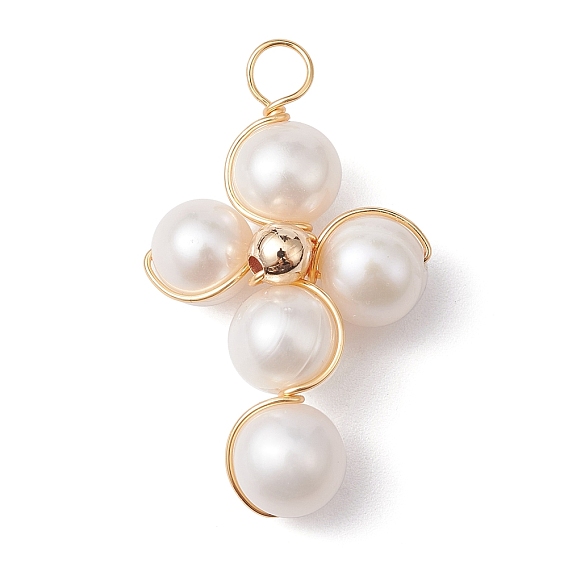 Califique los colgantes de perlas naturales de agua dulce, Amuletos cruzados envueltos en alambre de cobre chapado en oro claro ecológicos