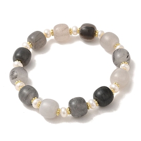 Natural Pearl & Cloudy Quartz Stretch Bracelets, with Real 14K Gold Plated Brass Beads