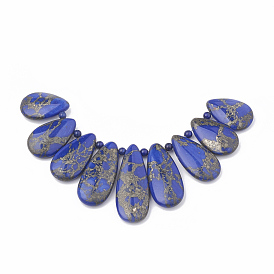Ligne d'or synthétique perles de brins de lapis-lazuli, teint, pendentifs éventails gradués, perles focales, goutte 