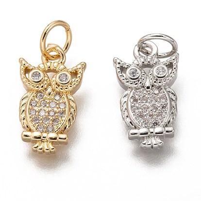 Brass Micro Pave Clear Cubic Zirconia Charms, Long-Lasting Plated, with Jump Ring, Owl Shape