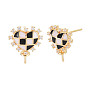 Brass Micro Pave Clear Cubic Zirconia Stud Earring Findings, with Enamel, for Half Drilled Beads, Nickel Free, Heart, Real 18K Gold Plated