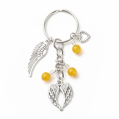 Natural & Dyed Malaysia Jade Keychain, with Tibetan Style Alloy Pendants and Iron Split Key Rings, Wing & Feather & Heart