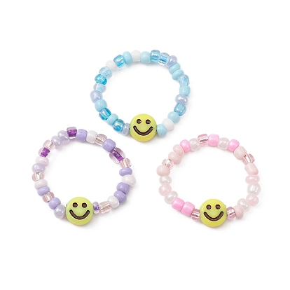 3 piezas 3 conjunto de anillos elásticos con cuentas de cara sonriente acrílica y semilla de vidrio de color