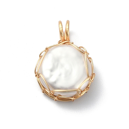Natural Cultured Freshwater Keshi Pearl Beads Pendants, Flat Round Button Charms, with Long-Lasting Plated Golden Tone Copper Wire Wrapped