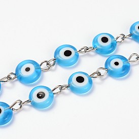 Handmade Lampwork Flat Round Evil Eye Beads Chains for Necklaces Bracelets Making, with Iron Eye Pin, Unwelded, 39.3 inch