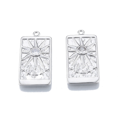 Brass Micro Pave Clear Cubic Zirconia Pendants, Rectangle with Sun & Star