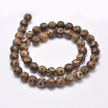 Style tibétain 3 -eye dzi brins de perles, perles naturelles et teints en agate, Style mat, ronde