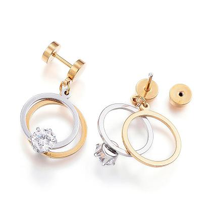 304 Stainless Steel Earlobe Plugs, Screw Back Earrings, with Cubic Zirconia, Ring with Star
