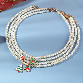 Charmant collier de noël en perles avec cloche de flocon de neige en alliage et pendentif arbre