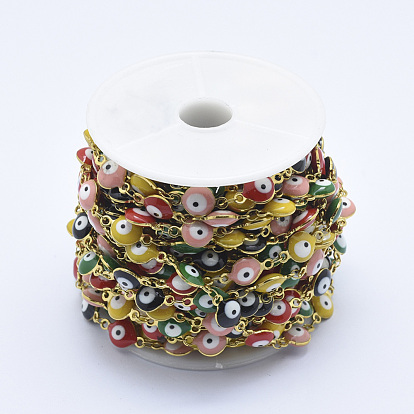 Vacuum Plating Handmade Enamel Beaded Chains, Soldered, with Spool, with Stainless Steel Findings, Flat Round with Evil Eye, Colorful