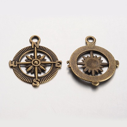 Compass Tibetan Style Alloy Pendants, Lead Free & Nickel Free & Cadmium Free, 29x25x2mm, Hole: 3mm, about 588pcs/1000g