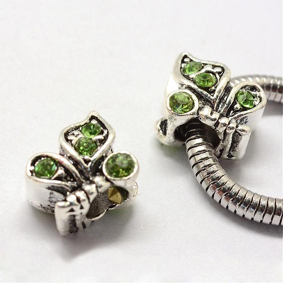Alloy Rhinestone European Beads, Large Hole Beads, Butterfly, Antique Silver