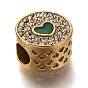 304 Stainless Steel European Beads, Large Hole Beads, with Enamel and Crystal Rhinestone, Flat Round with Heart, Golden