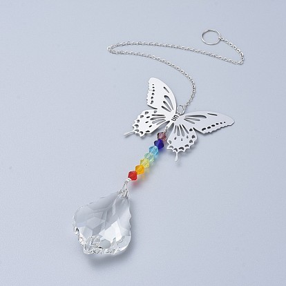 Cristal lustre suncatchers prismes chakra pendentif suspendu, avec des chaînes de câble de fer, perles de verre et pendentifs en laiton, papillon avec larme