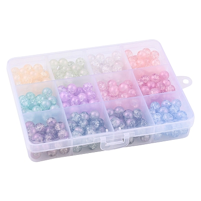 300Pcs 12 Colors Translucent Crackle Glass Beads Strands, with Glitter Powder, Round
