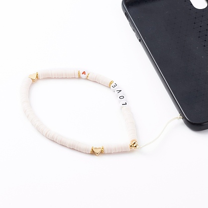 Sangles mobiles heishi en pâte polymère, bijoux de téléphone, avec des perles en émail acrylique et des perles en laiton, mot d'amour, or