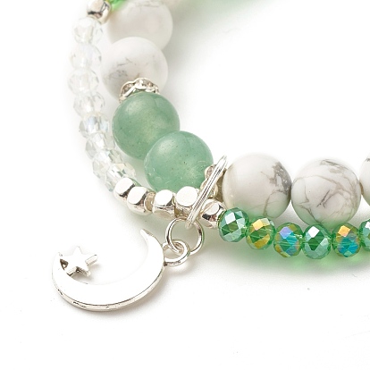 Moon and Star Charm Multi-strand Bracelet, Natural Howlite & Mixed Stone Round Beads Bracelet, Sparkling Glass Beads Bracelet for Girl Women