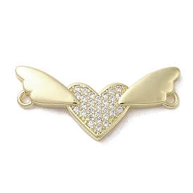 Brass Micro Pave Clear Cubic Zirconia Connector Charms, Long-Lasting Plated, Valentine's Day Heart Links with Wings