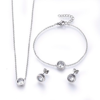304 définit bijoux en acier inoxydable, colliers, boucles d'oreilles et bracelets, avec zircons, plat rond