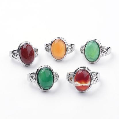 Natural Agate Rings, with Alloy Findings, Mixed Size, Oval, Platinum