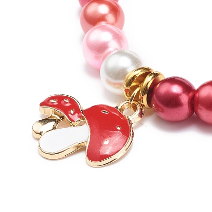 Red Glass Pearl Beaded Stretch Bracelet with Alloy Enamel Mushroom Charm for Women