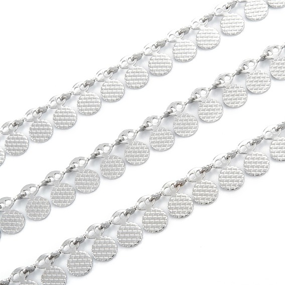 Handmade Vacuum Plating 304 Stainless Steel Wafer Charms Chains, Textured, Unwelded, with Spool
