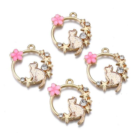 Alloy Crystal Rhinestone Pendants, with Enamel and Resin, Glitter Powder, Golden, Cat with Flower