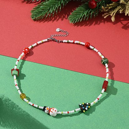 Натуральный кристалл кварца и окрашенный нефрит машан и ожерелье из бисера лэмпворк, подарочная коробка, елка и новогоднее ожерелье снеговика для женщин