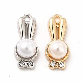 Rack Plating Eco-friendly Alloy Crystal Rhinestone Pendants, with ABS Plastic Imitation Pearl, Rabbit Head with Bowknot Charm