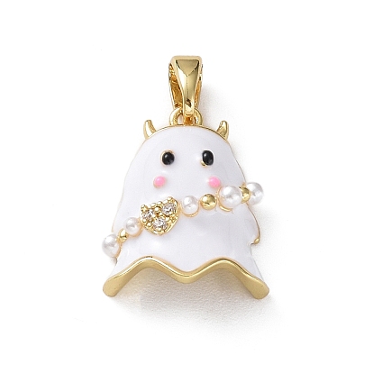 Rack Plating Brass Enamel Pendants, with Plastic Pearls and Cubic Zirconia, Golden, Ghost Charm