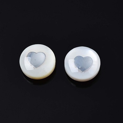 Perles de coquillages naturels d'eau douce, avec des ornements en laiton, plat et circulaire avec coeur