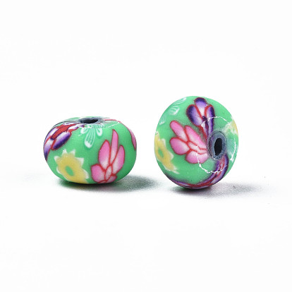 Handmade Polymer Clay Beads, Rondelle with Flower