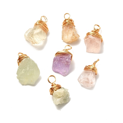 Natural Quartz Pendants, with Real 18K Gold Plated Eco-Friendly Copper Wire, Nuggets