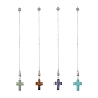 Natural Gemstone Cross Dowsing Pendulums, with 304 Stainless Steel Cable Chains, Brass Hollow Ball