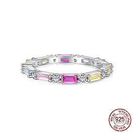 Rhodium Plated 925 Sterling Silver Finger Rings, with Colorful Rectangle Cubic Zirconia