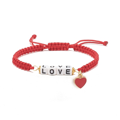 Bracelet de perles tressées word love avec breloque cœur en alliage d'émail, bracelet tissé ajustable pour femme