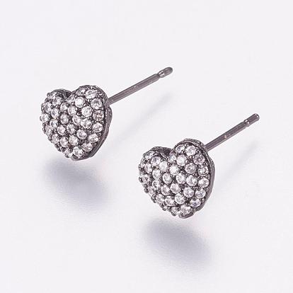 Brass Micro Pave Cubic Zirconia Stud Earrings, with Ear Nuts, Heart