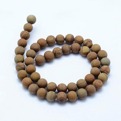 Natural Wood Lace Stone Beads Strands, Frosted, Round