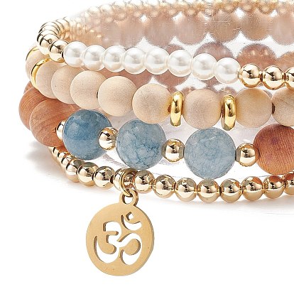 4 piezas 4 pulseras elásticas de madera natural y cuarzo (teñido) y perlas de concha, 304 pulseras apilables de acero inoxidable con símbolo de yoga para mujer