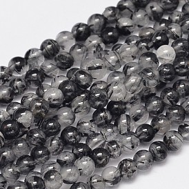 Round Natural Black Rutilated Quartz Beads Strands, Grade AA
