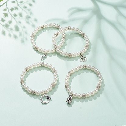 Pulsera elástica con cuentas de imitación de perlas y diamantes de imitación de plástico abs con amuleto de aleación para mujer, blanco