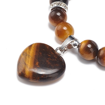 Bracelet extensible en perles rondes avec pierres précieuses et breloque en forme de cœur pour femme