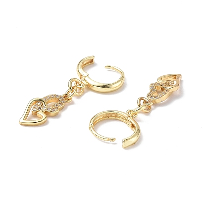 Clear Cubic Zirconia Double Heart Dangle Hoop Earrings, Rack Plating Brass Jewelry for Valentine's Day