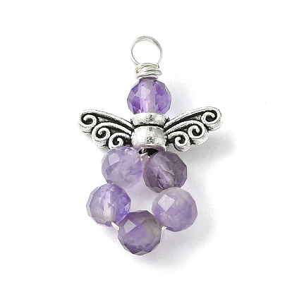 5Pcs 5 Styles Natural Mixed Gemstone Faceted Pendants, Angel Charms with Antique Silver Tone Alloy Wings