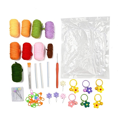 6 Style Fruit Yarn Knitting Beginner Kit, including Instruction, Plastic Locking Stitch Marker & Eye & Crochet Hooks, Yarn Needle, Yarns, Keychain Clasp