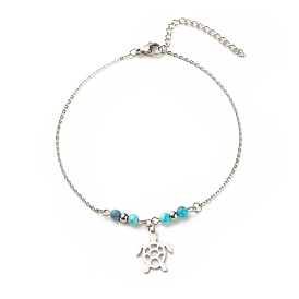 304 bracelet de cheville à breloque tortue en acier inoxydable avec perles rondes en jade blanc naturel pour femme