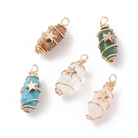 Natural & Synthetic Gemstone Double Terminal Pointed Pendants, with Real 18K Gold Plated Tone Copper Wire Wrapped and Brass Beads, Bullet Charm, Mixed Dyed and Undyed