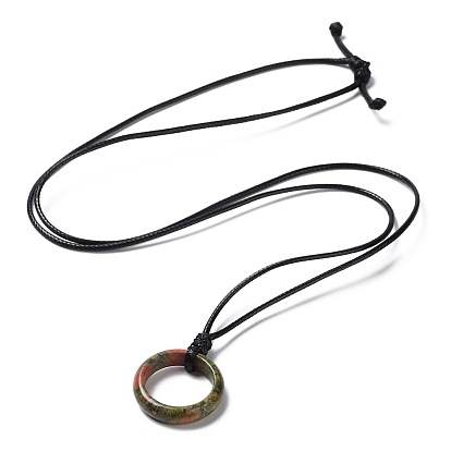 Natural Mixed Stone Ring Pendant Necklace with Waxed Cords