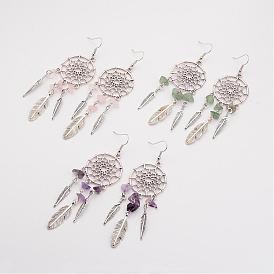 Natural Gemstone Dangle Earrings, with Metal Findings, Woven Net/Web with Feather Earrings, 95mm, Pin, 0.6mm
