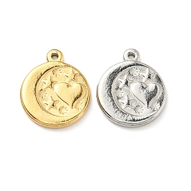 201 Stainless Steel Machine Polishing Pendants, Flat Round with Moon & Star & Heart